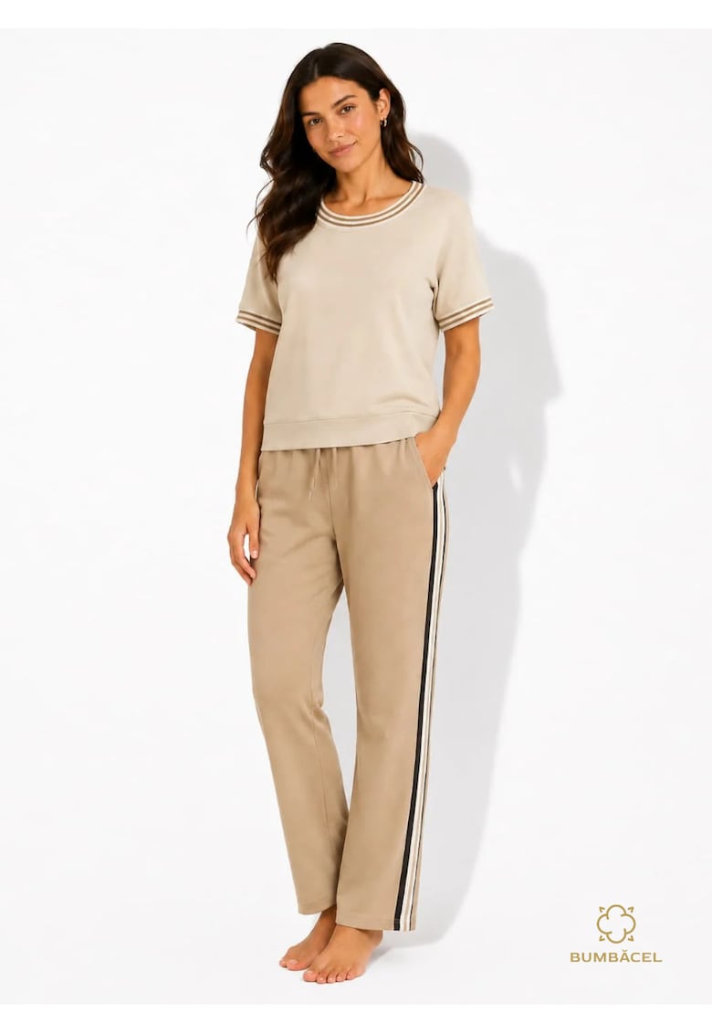 Set dama din bumbac - negru cu pantaloni si tricou - Bej