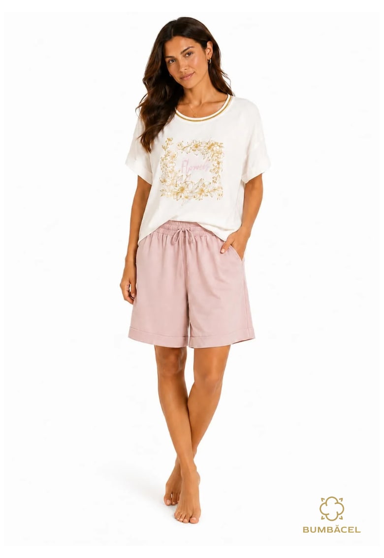Set dama casual din bumbac cu pantaloni scurti - Roz