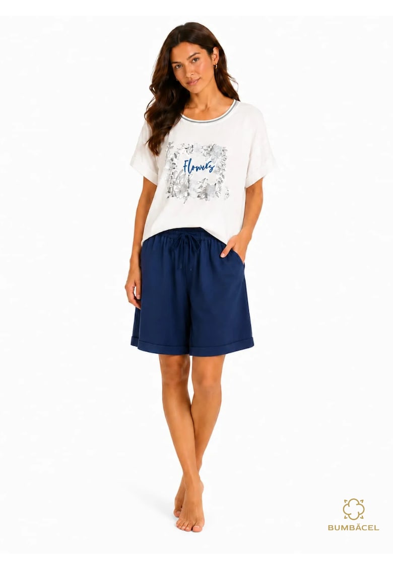 Set dama casual din bumbac cu pantaloni scurti - Albastru