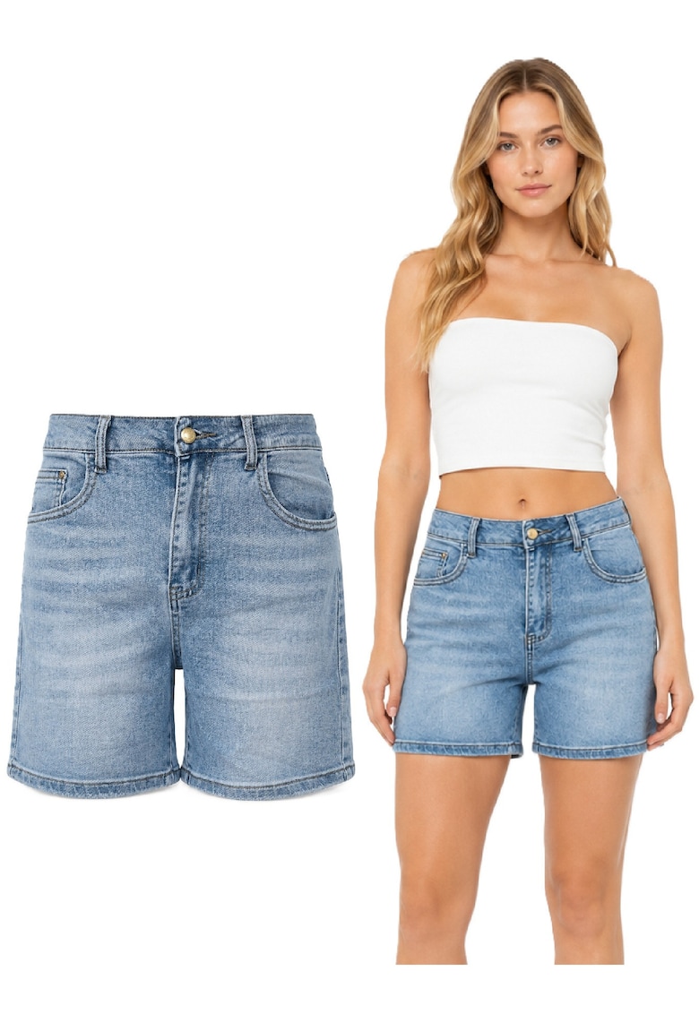 Pantaloni scurti din denim cu talie inalta si aspect prespalat