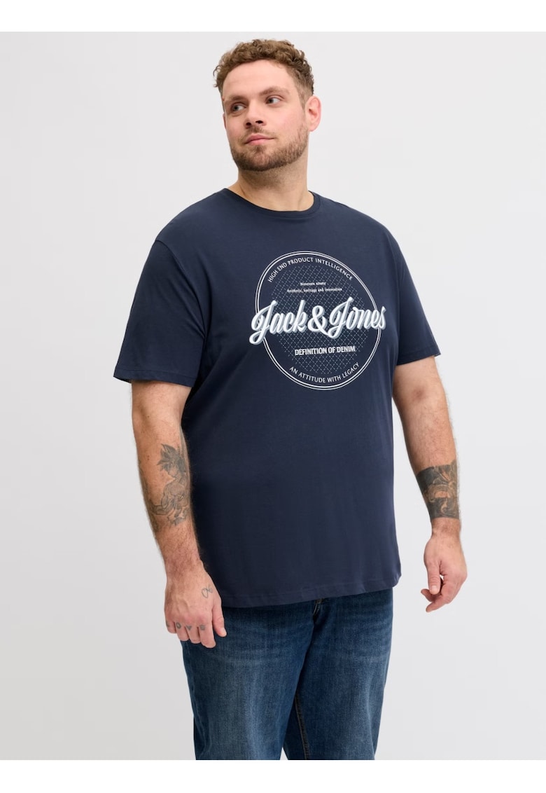 Plus Tricou barbati big sizes - imprimeu text cu logo - Bleumarin inchis