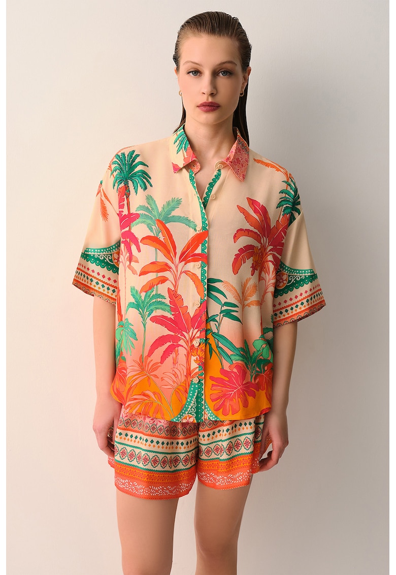 Camasa cu design tropical - Portocaliu mandarina/Verde pal/Crem
