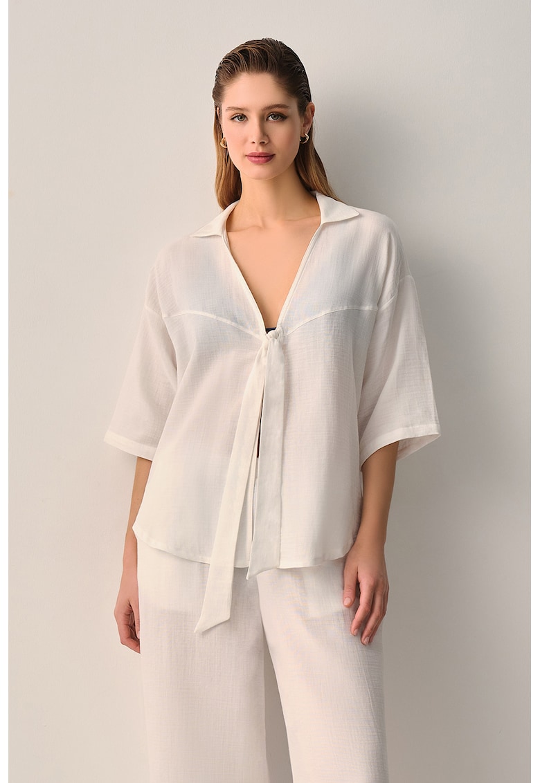 Set de camasa de plaja din bumbac si pantaloni cu croiala ampla - Alb murdar