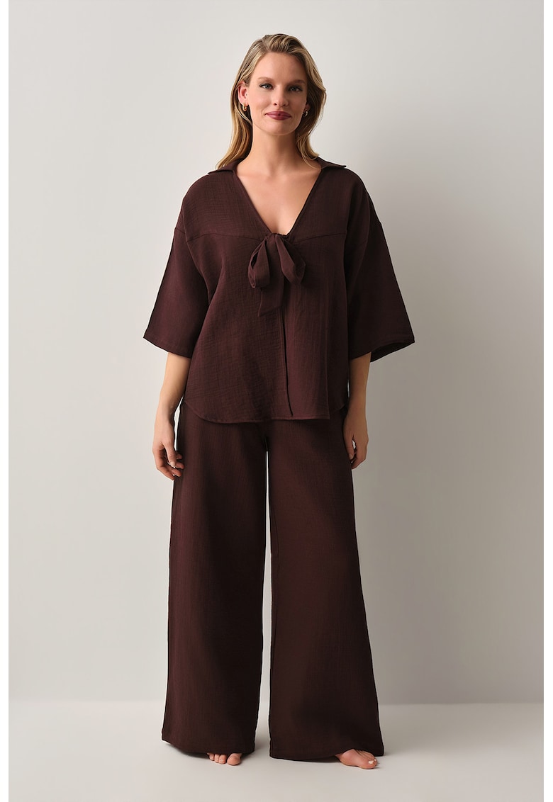 Set de camasa de plaja din bumbac si pantaloni cu croiala ampla - Maro pamantiu