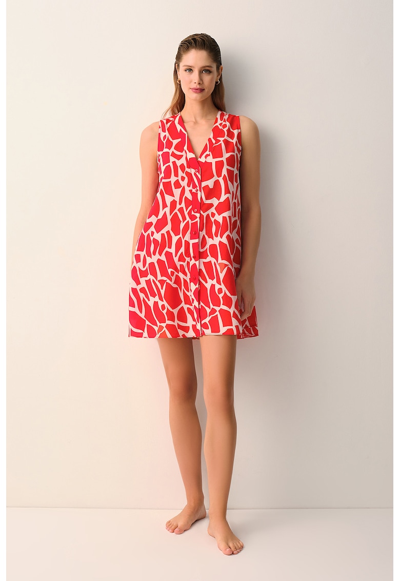 Rochie de plaja cu model - fara maneci - Rosu/Alb murdar