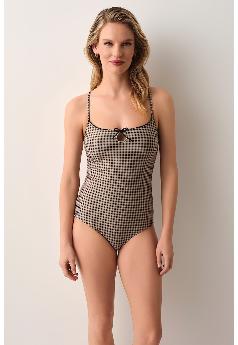Costum de baie intreg Gingham - Negru/Bej deschis