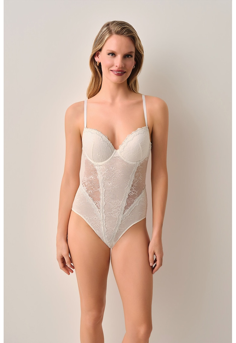 Body cu insertie din dantela si cupe cu burete - Gri deschis -