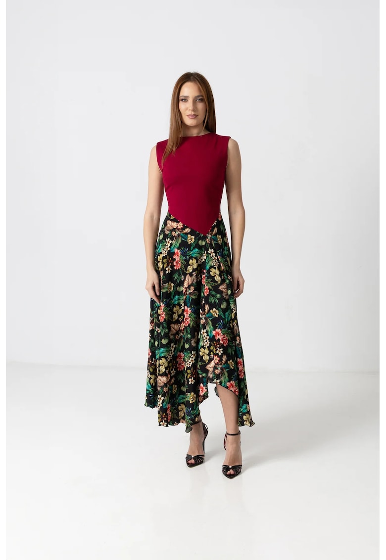 Rochie eleganta midi cu bust din jerse rosu si fusta din matase florala