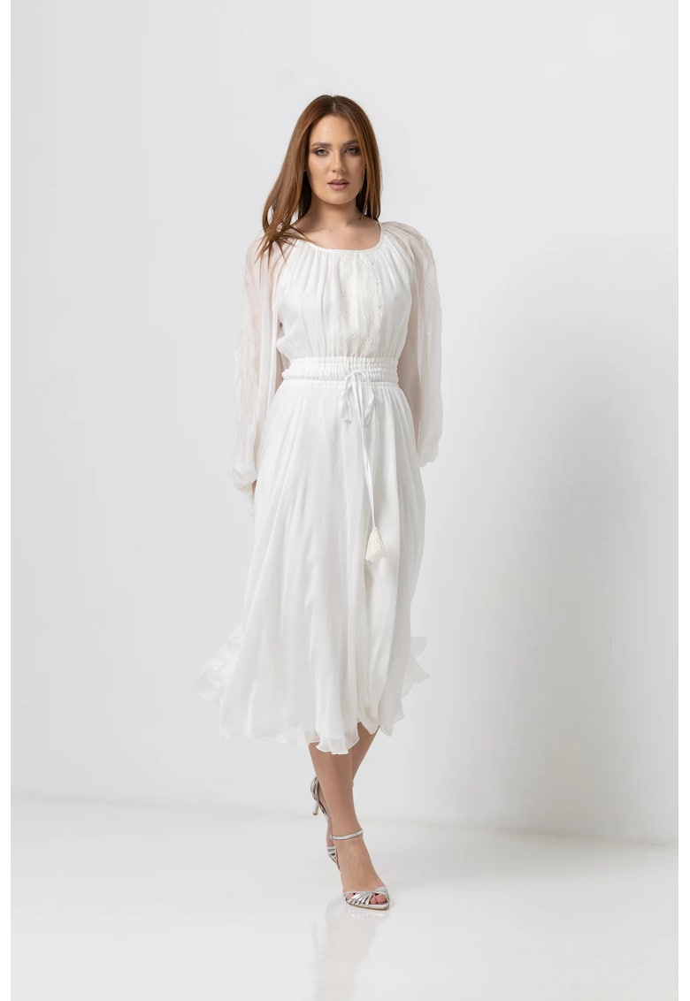 Rochie midi din voal de matase cu insertii macrame si talie reglabila