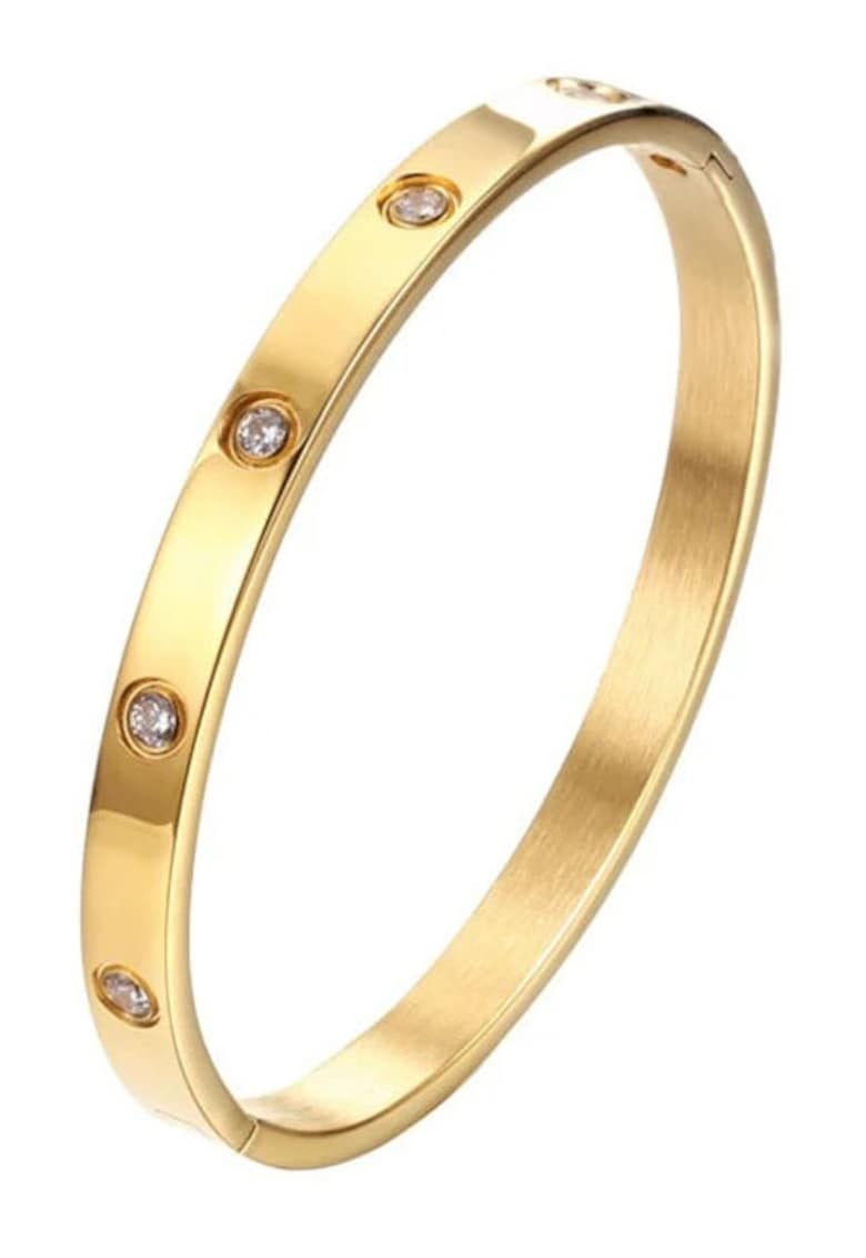 Bratara bangle inox - aur 18k - zirconii - 6cm diameter - 6mm grosime