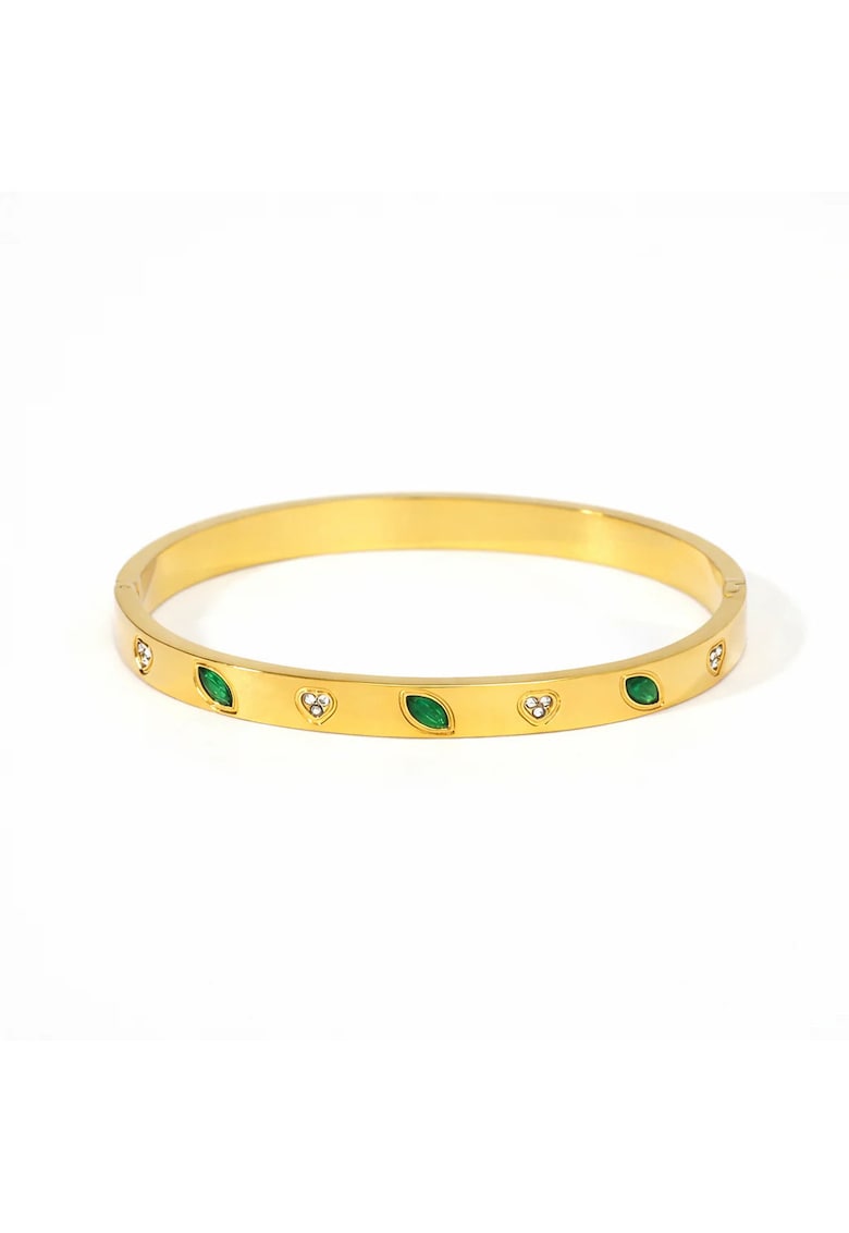 Bratara bangle - inox suflat cu aur 18k - zirconii verzi - 6x6cm