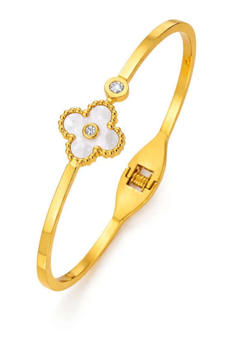 Brățară bangle - aur 18k - zirconii - trifoi - 6cm