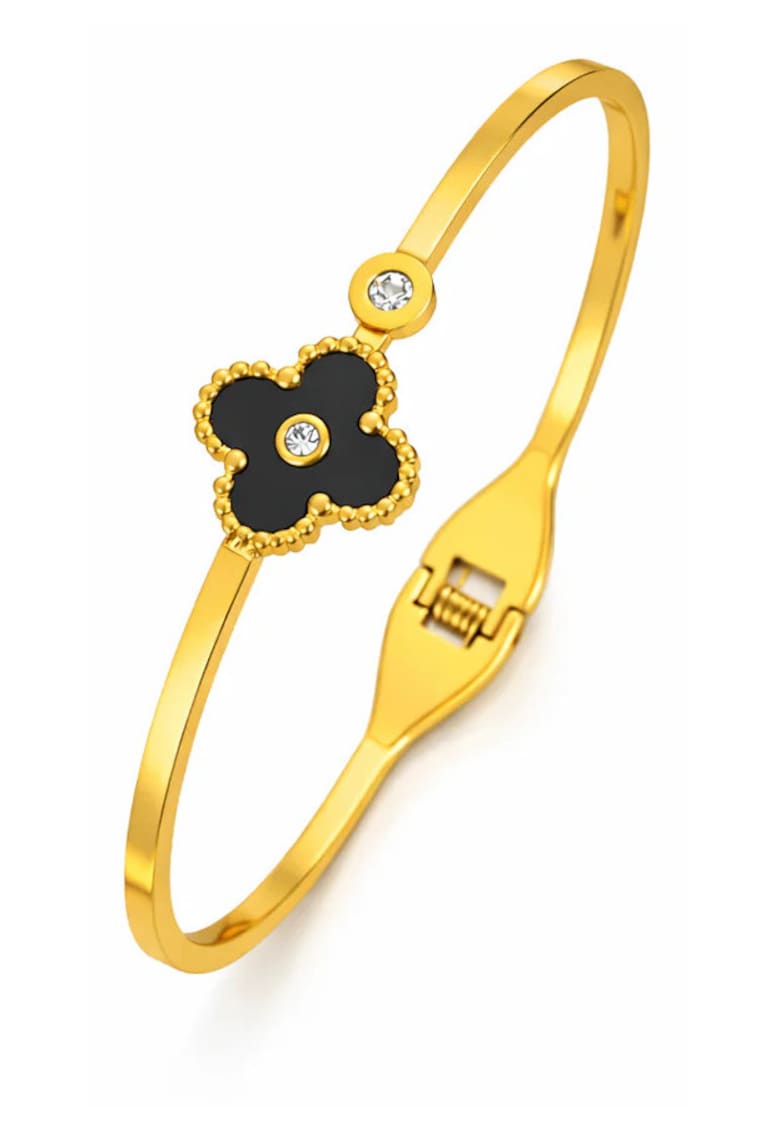 Bratara aurie - tip bangle - din otel inoxidabil - suflata cu aur 18k - cu zirconii si trifoi - Miravel C6