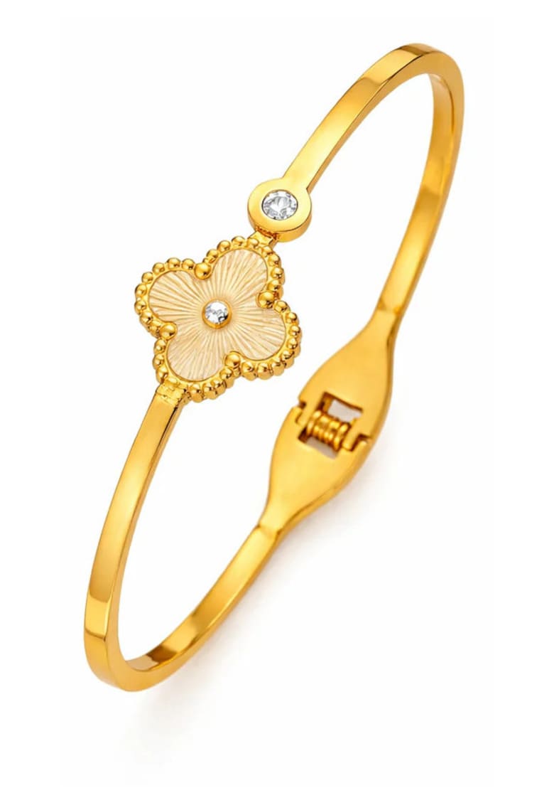 Bratara bangle otel inoxidabil suflat cu aur 18k - zirconii - trifoi - 6cm