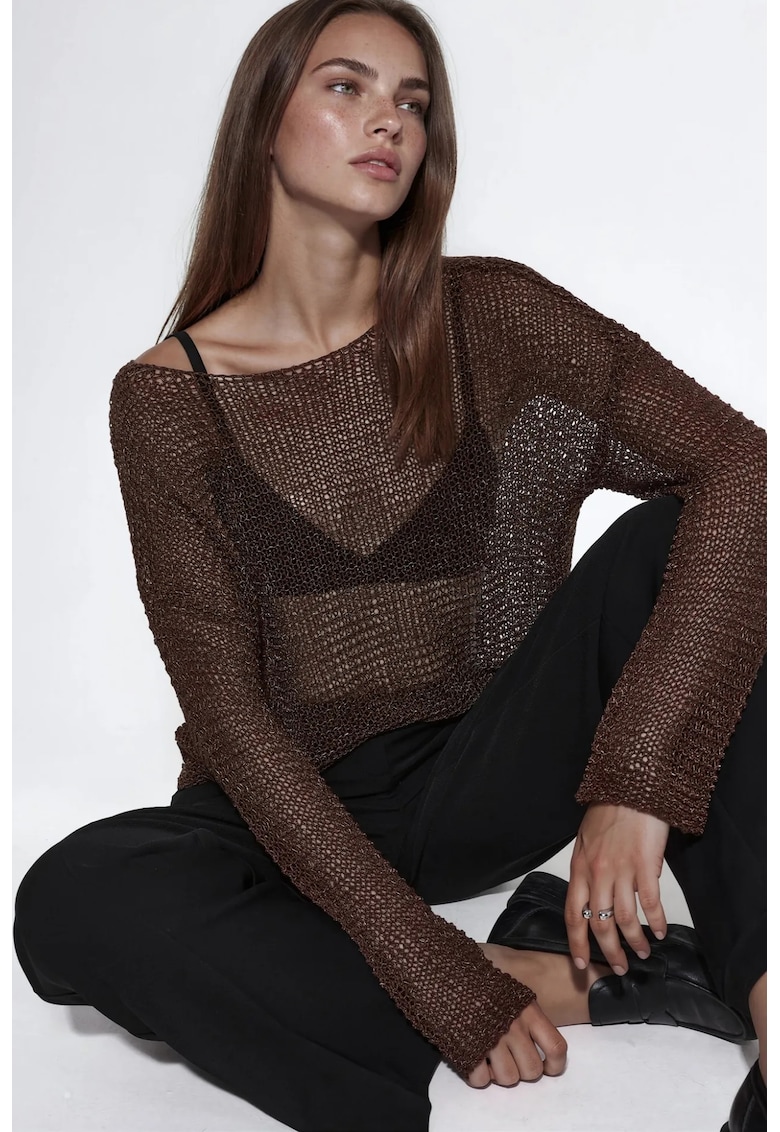 Pulover dama tricotat supradimensionat - decolteu barca - maro mocha inchis - 85% acrilic - 15% poliamida -