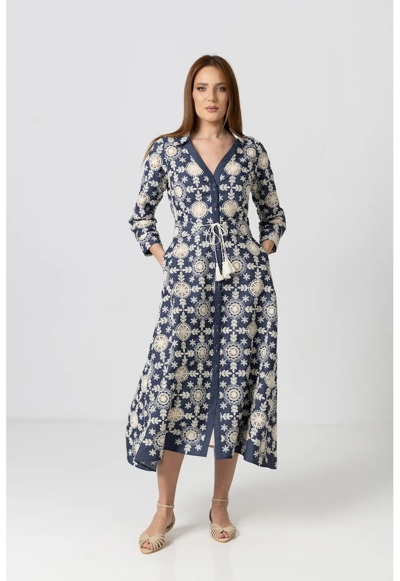 Rochie camasa din denim cu broderie florala sparta