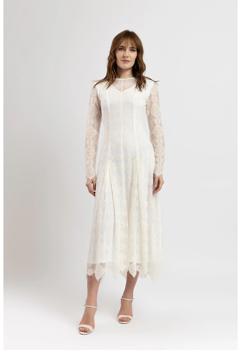Rochie midi din tulle brodat ivoar cu maneci lungi