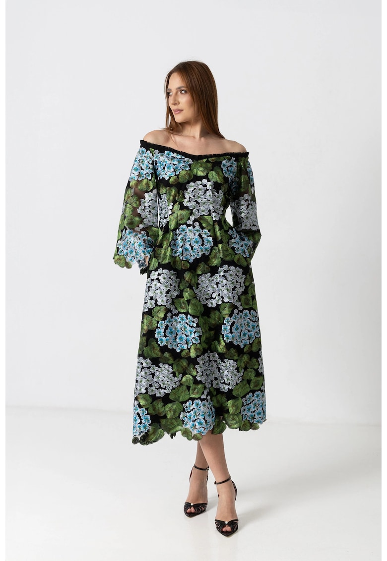 Rochie midi eleganta cu broderie florala si decolteu Bardot