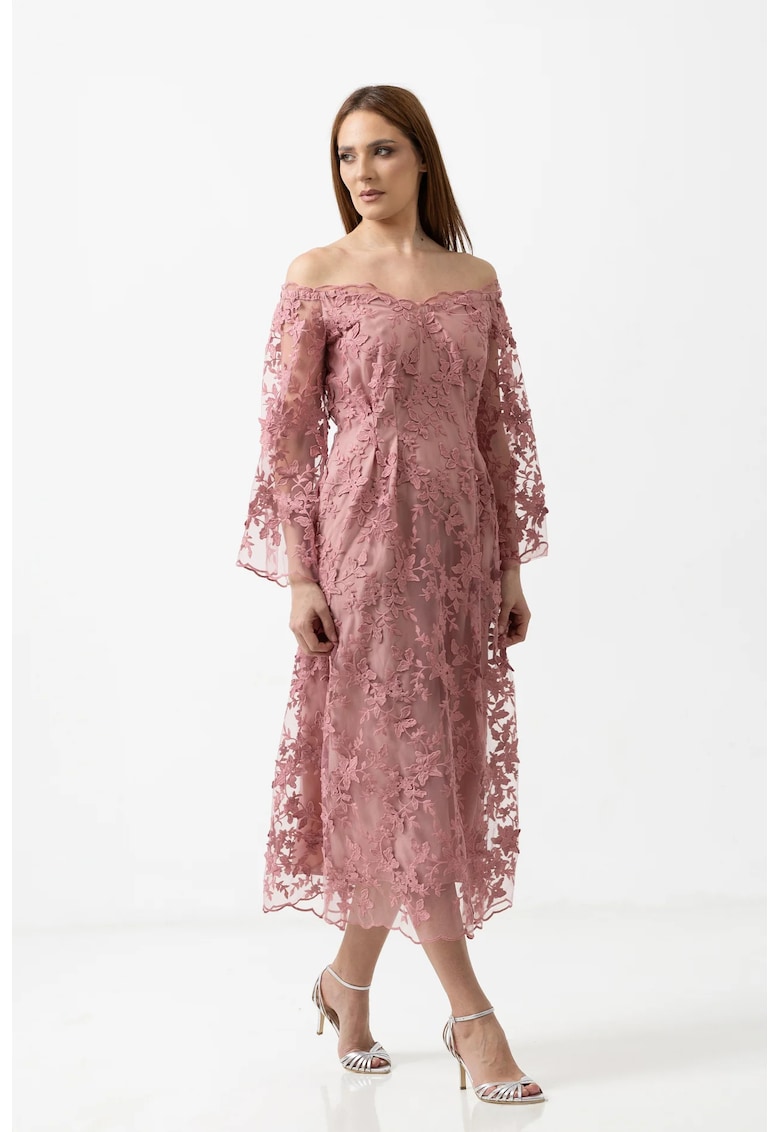 Rochie midi din tulle cu umeri decupati