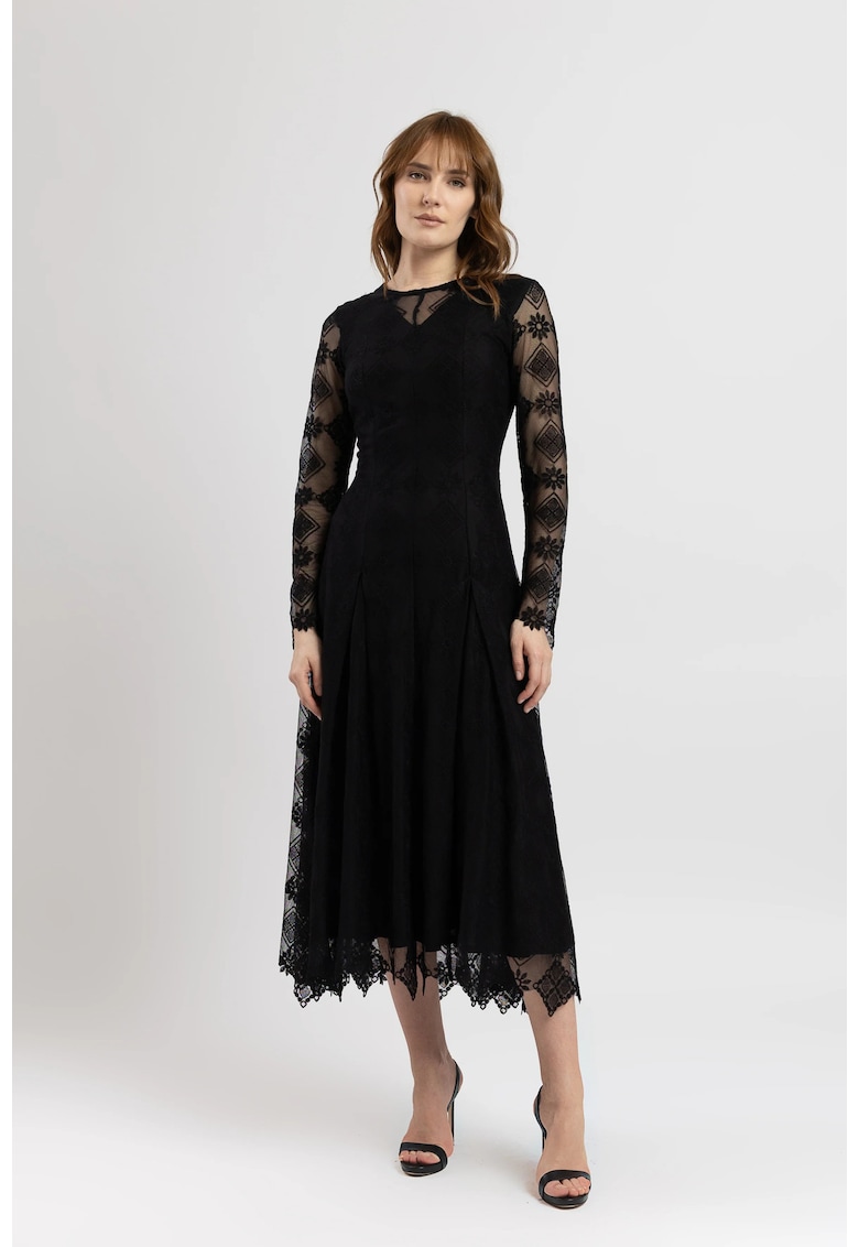 Rochie midi din tulle brodat negru cu maneci lungi