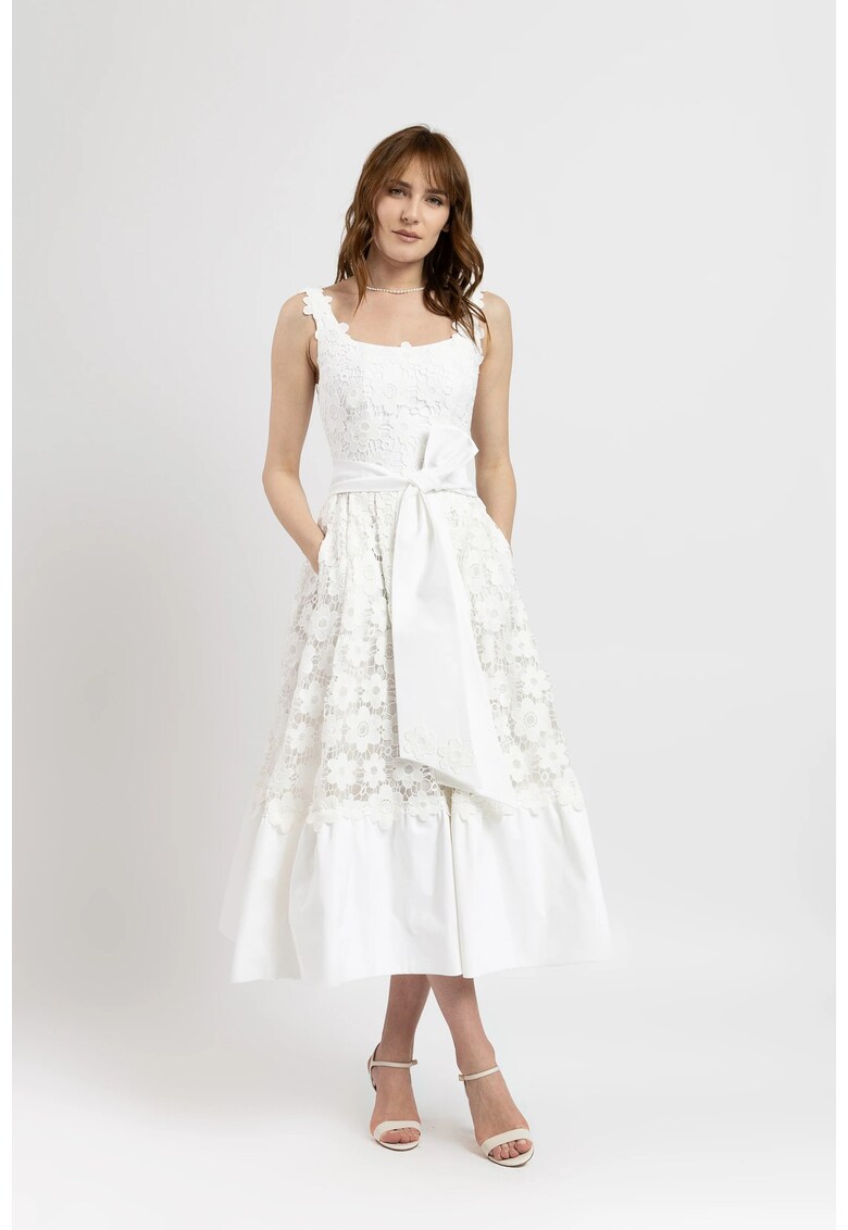 Rochie midi din macrame floral si volan din bumbac satinat alb