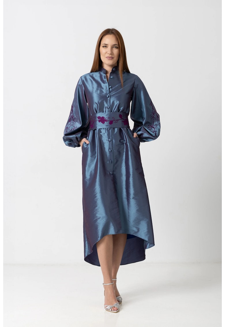 Rochie asimetrică din tafta albastru metalizat cu brâu brodat