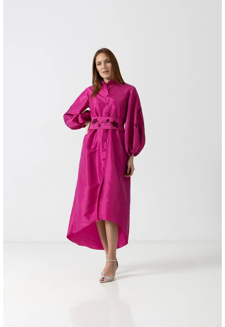 Rochie asimetrica din tafta cu brau brodat - Fucsia