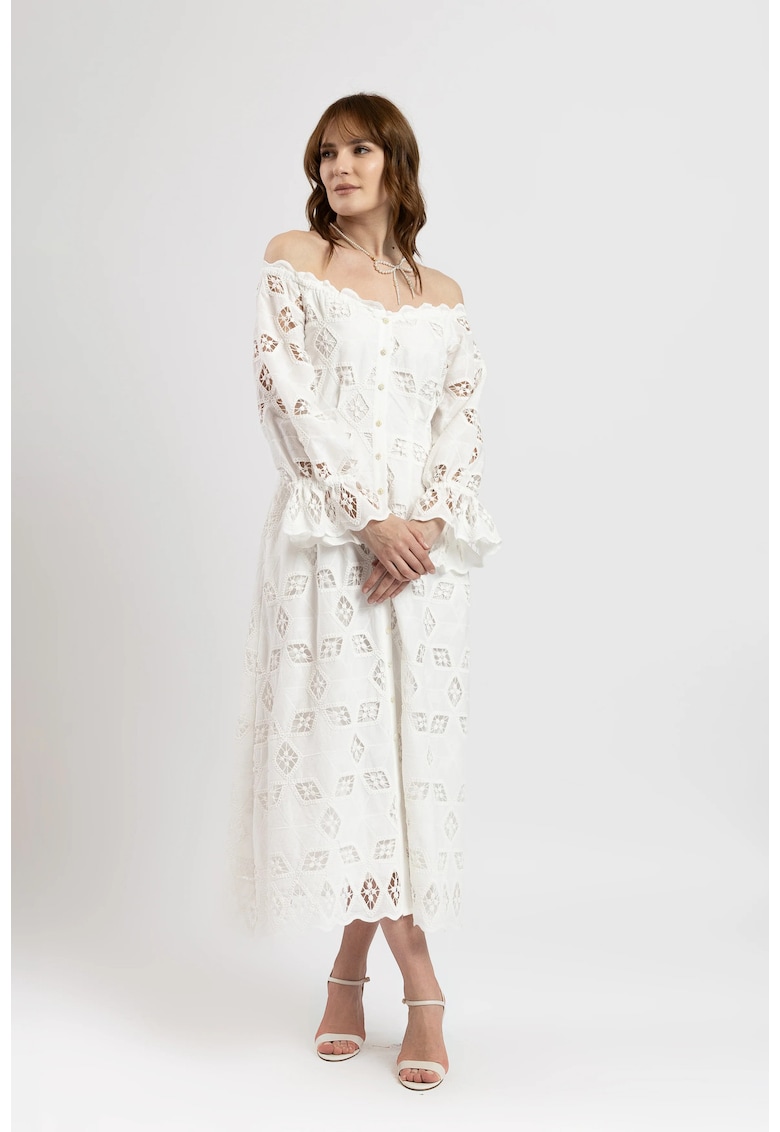 Rochie midi cu umeri decupati din bumbac cu broderie sparta