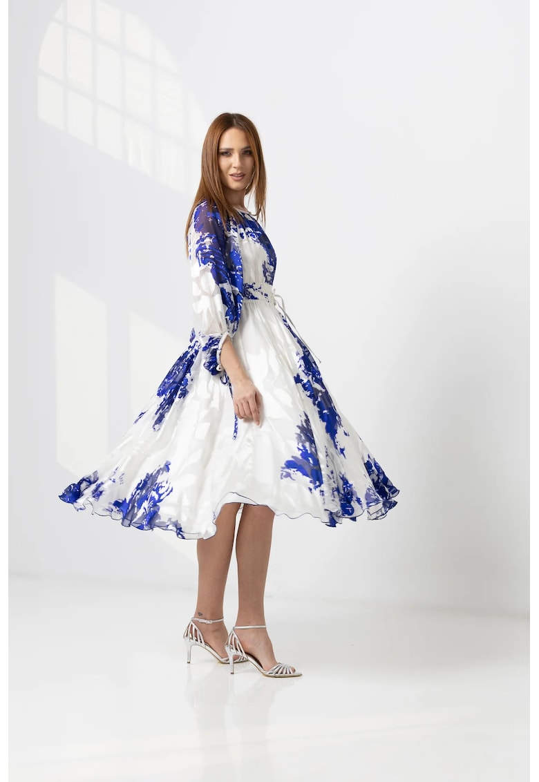 Rochie midi din matase cu imprimeu albastru si snur in talie