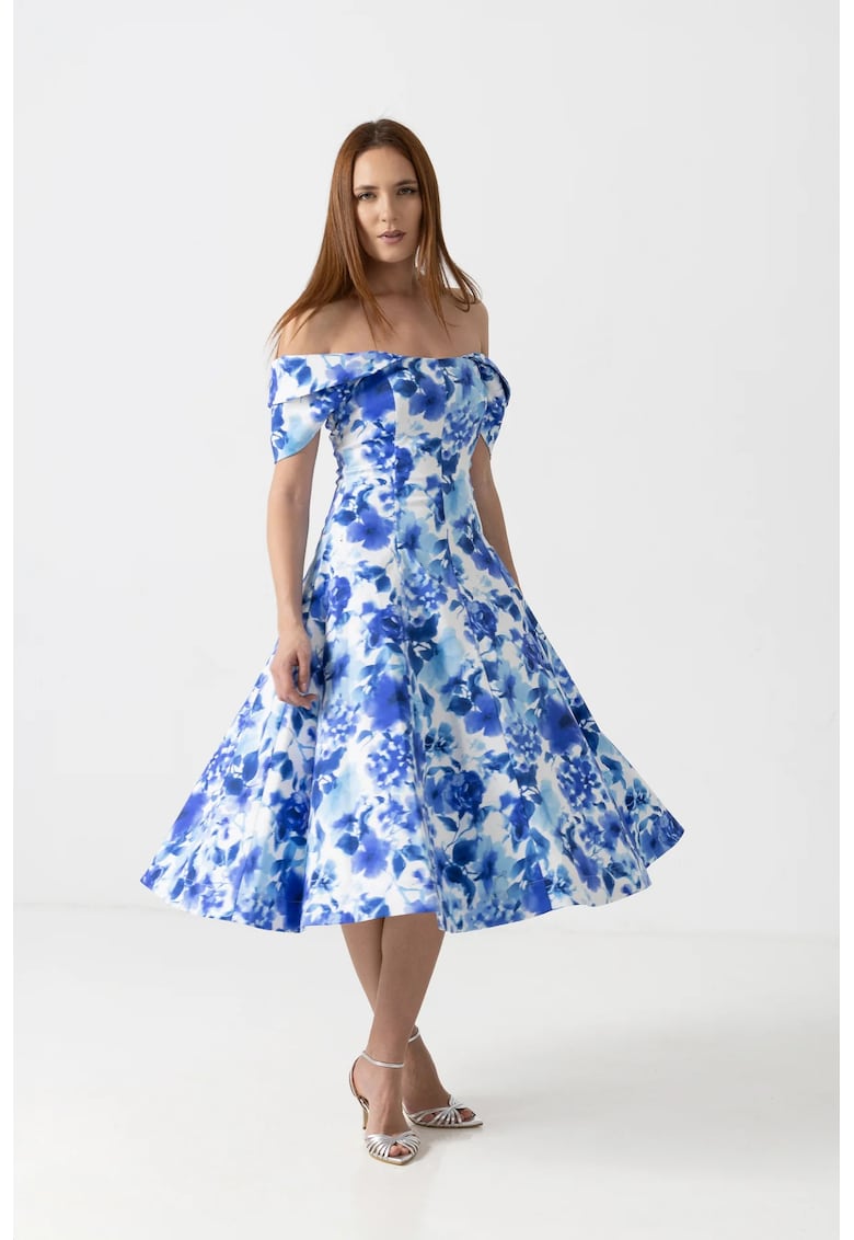 Rochie midi din bumbac cu imprimeu floral albastru