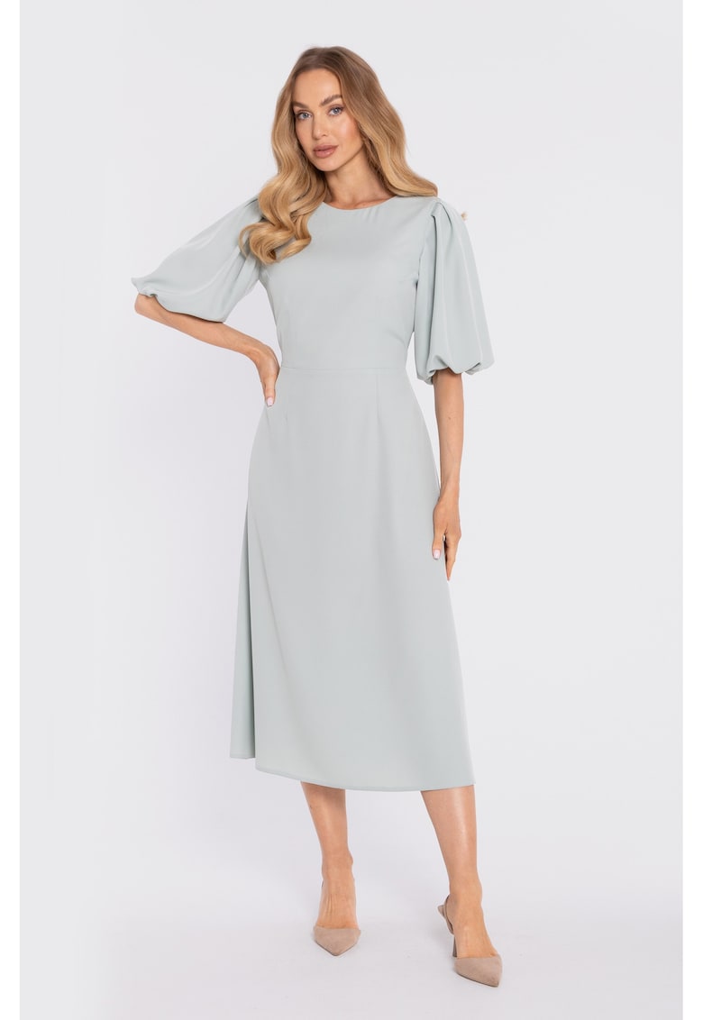 Rochie midi cu maneci bufante si decolteu in V - - Verde menta