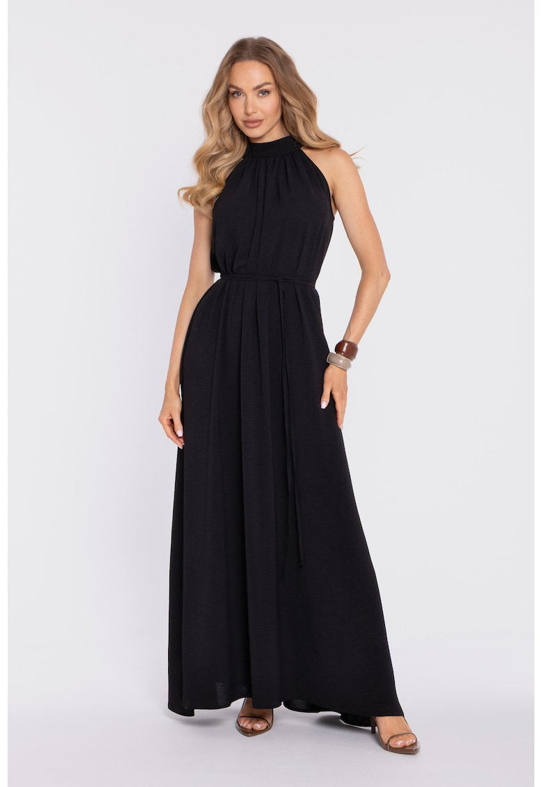 Rochie maxi cu decolteu halter si curea - - Negru