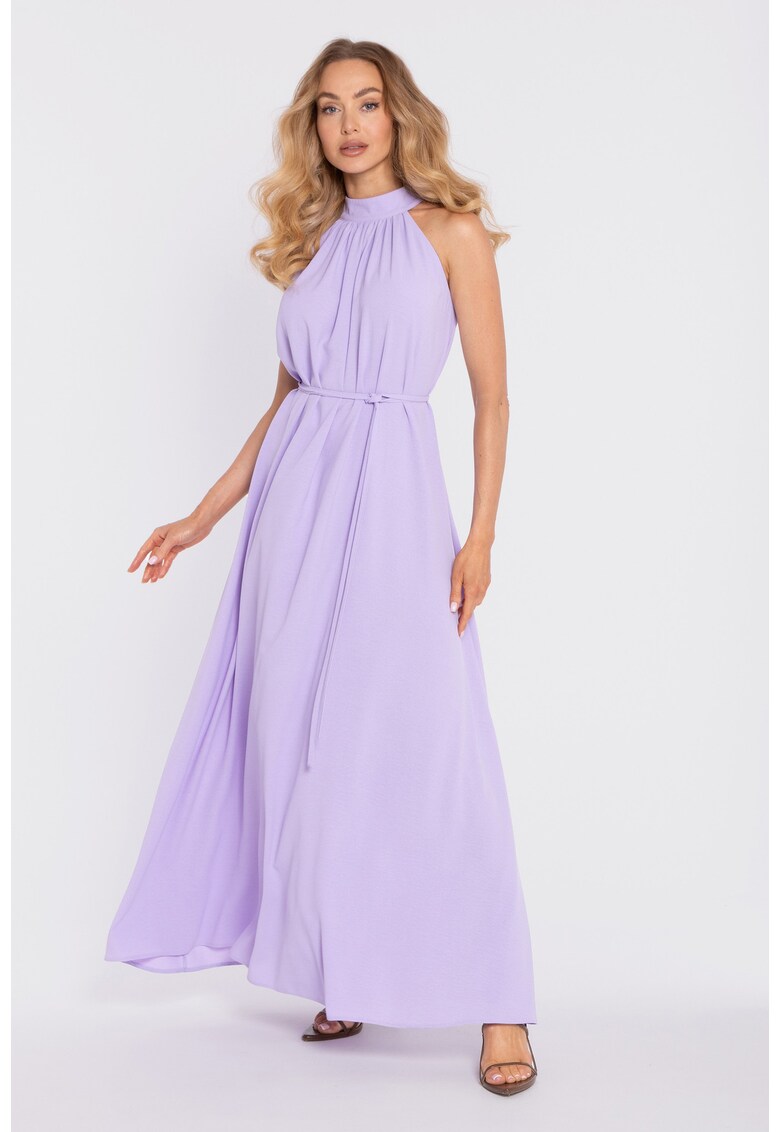 Rochie maxi cu decolteu halter si curea - - Violet