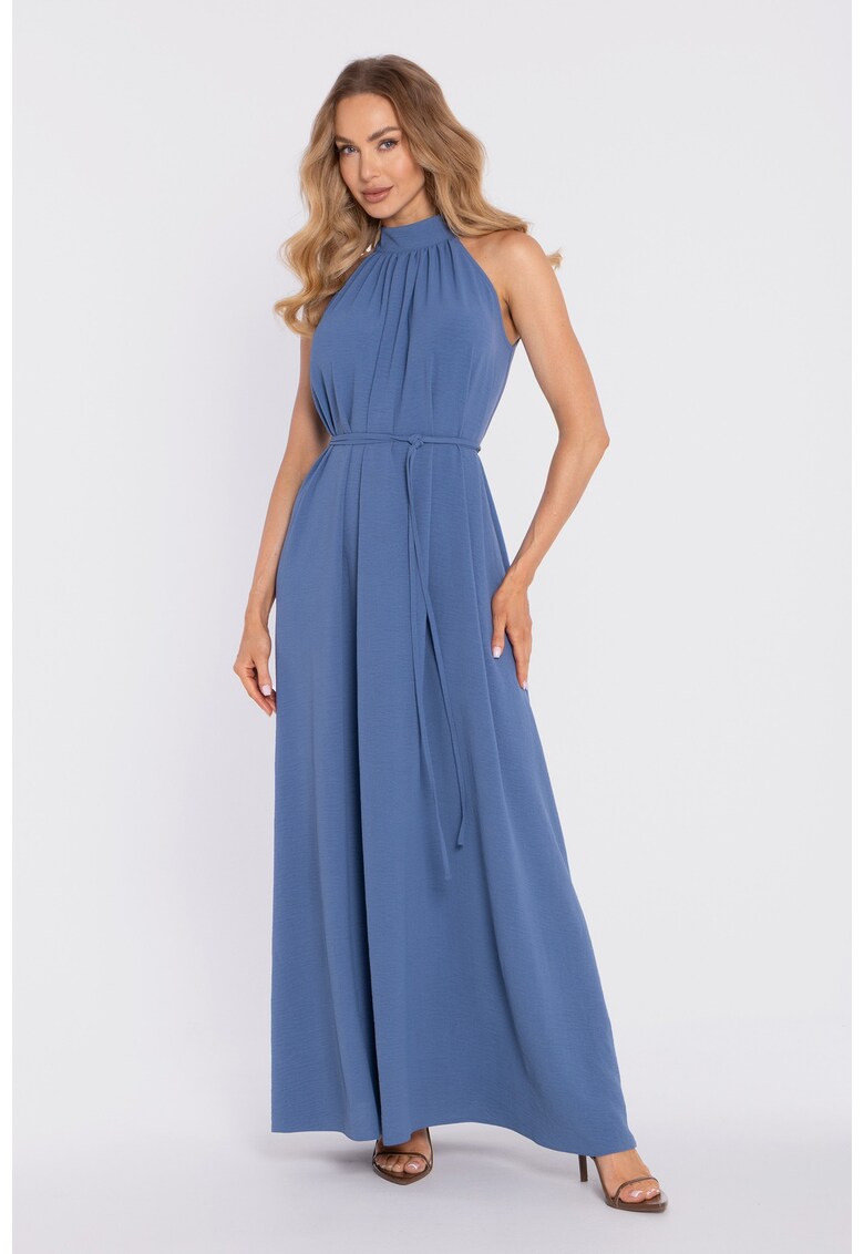Rochie maxi cu decolteu halter si curea - - Albastru