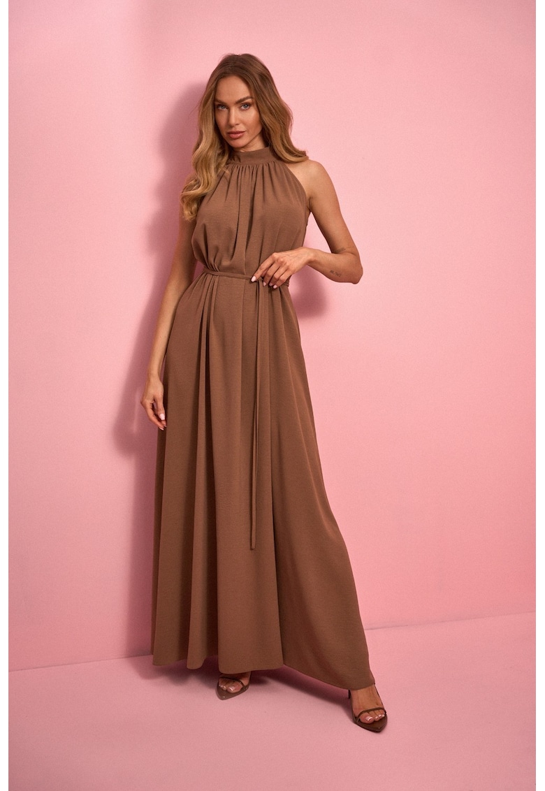 Rochie maxi cu decolteu halter si curea - - Ciocolatiu