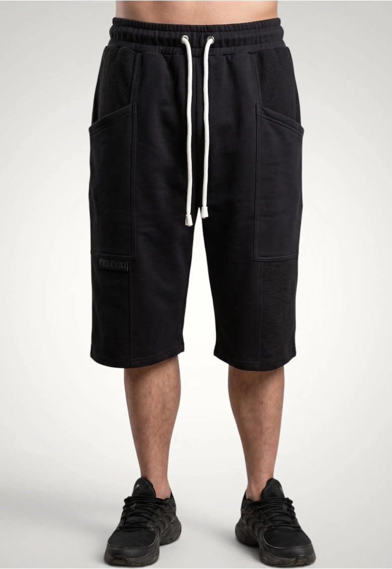 Pantaloni scurti 3/4 pentru barbati cu buzunare aplicate din bumbac premium - Negru
