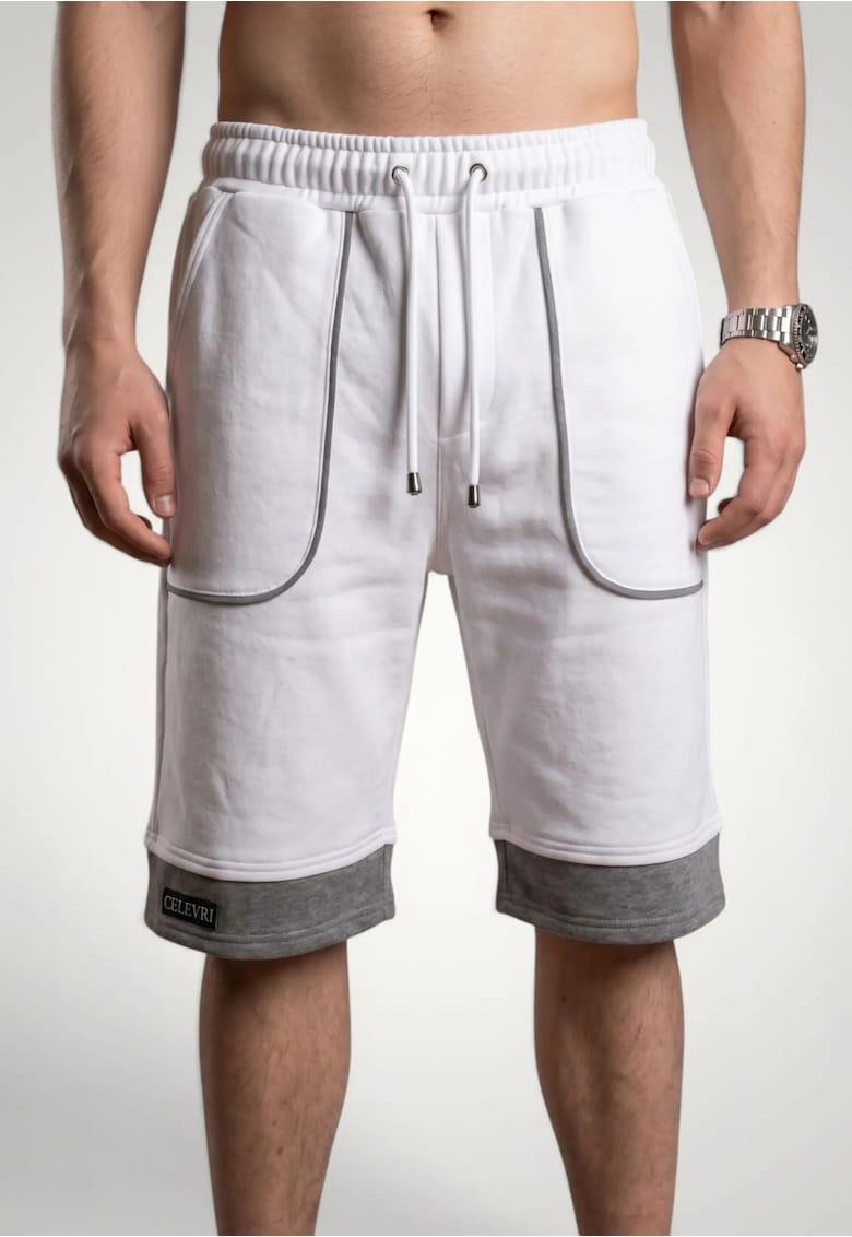 Pantaloni scurti barbati cu buzunare conturate din bumbac premium - Alb