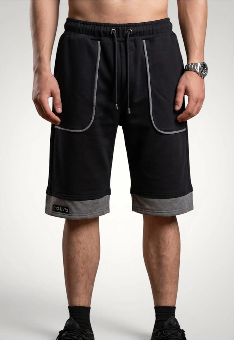 Pantaloni scurti barbati cu buzunare conturate din bumbac premium - Negru