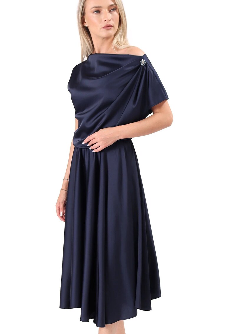 Rochie midi din satin elastic cu decolteu barcuta - Bleumarin