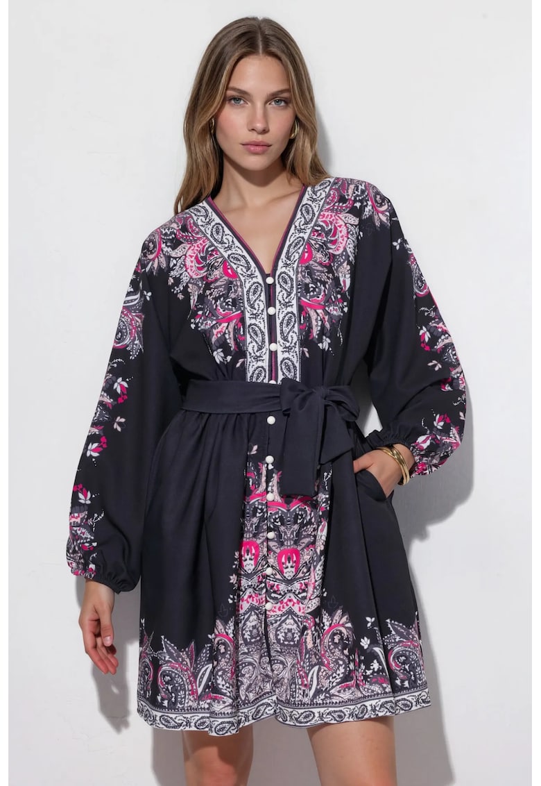 Rochie Mini - cu imprimeu Paisley - neagra - poliester-elastan
