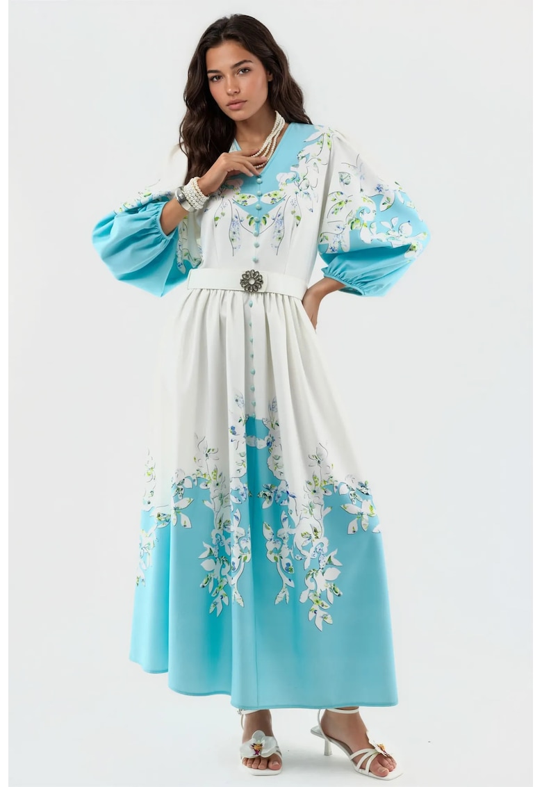 Rochie Maxi - Floral - Poliester - Maneci Lungi - Alb/Albastru