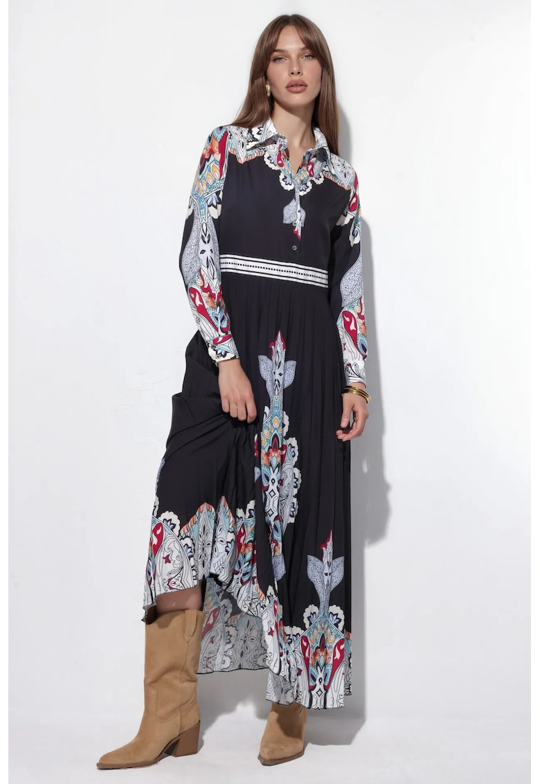 Rochie Maxi - cu maneci lungi - neagra - poliester cu lycra