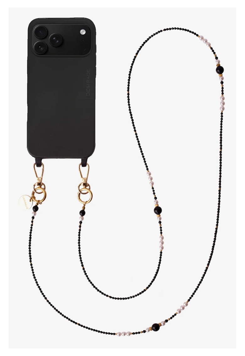 Lant crossbody din pietre naturale pentru telefon - Pearl Noir - 120 cm