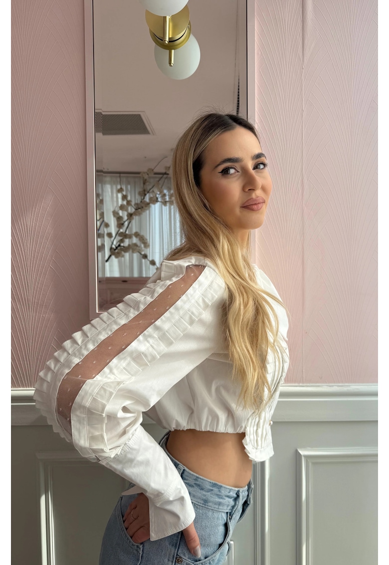 Camasa alba cu funda statement - pliseuri couture si insertii transparente Magnolia