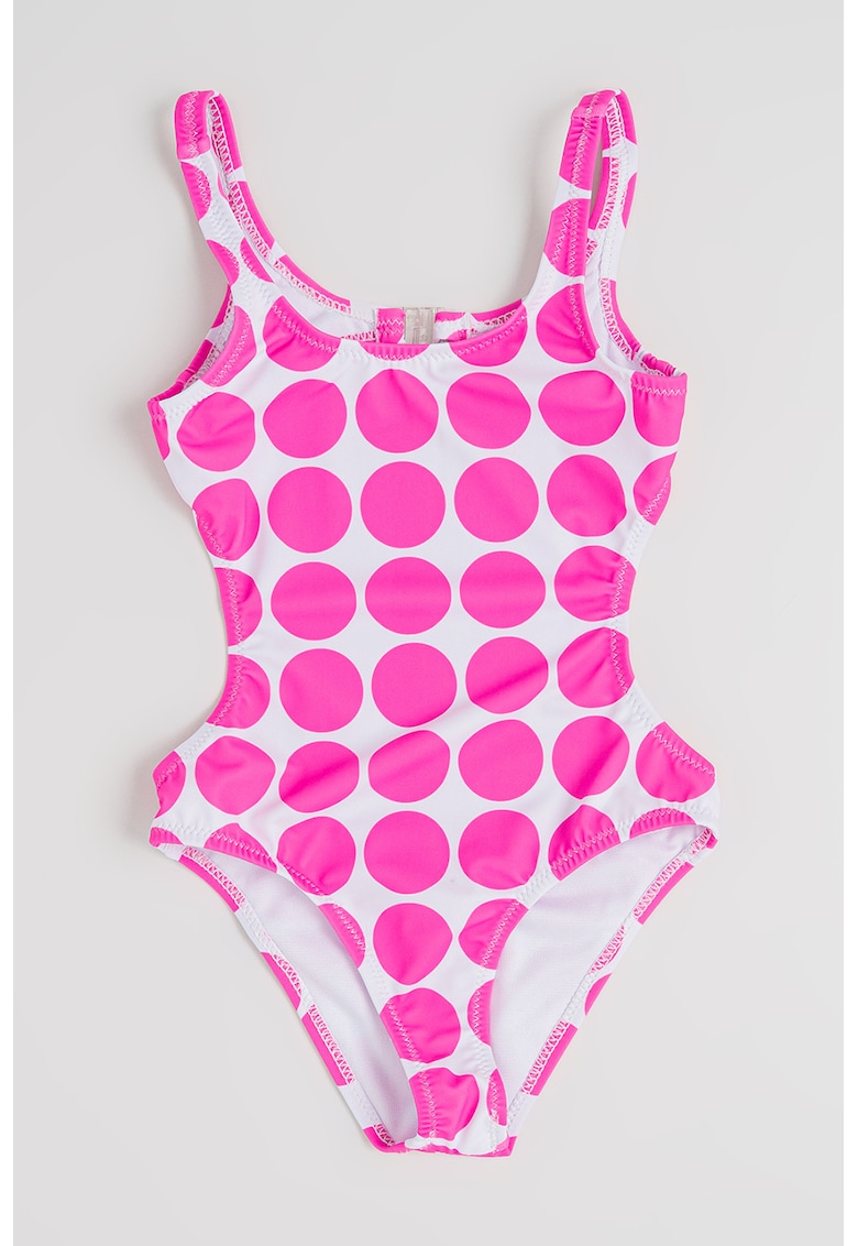 Costum de baie intreg cu decupaj pe partea din spate si model - Alb/Roz aprins