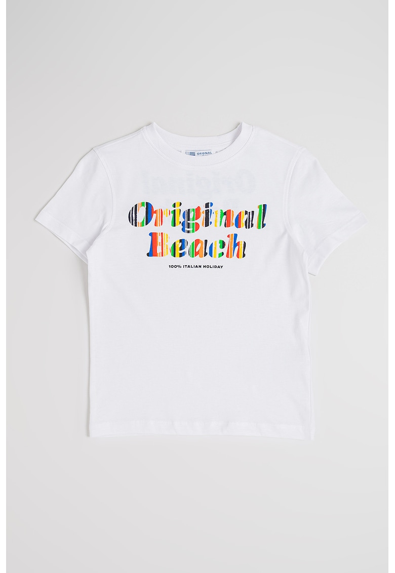 Tricou cu decolteu la baza gatului si imprimeu text - Rosu/Alb/Albastru
