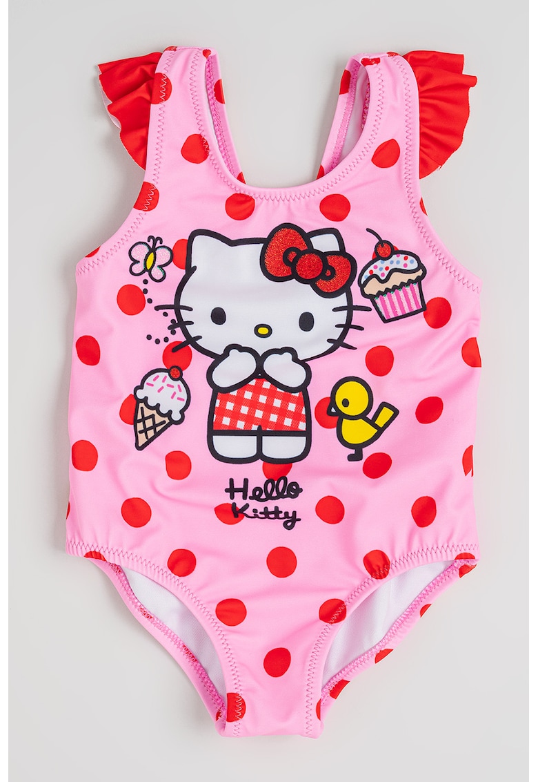 Costum de baie intreg cu model Hello Kitty si imprimeu buline - Rosu/Roz