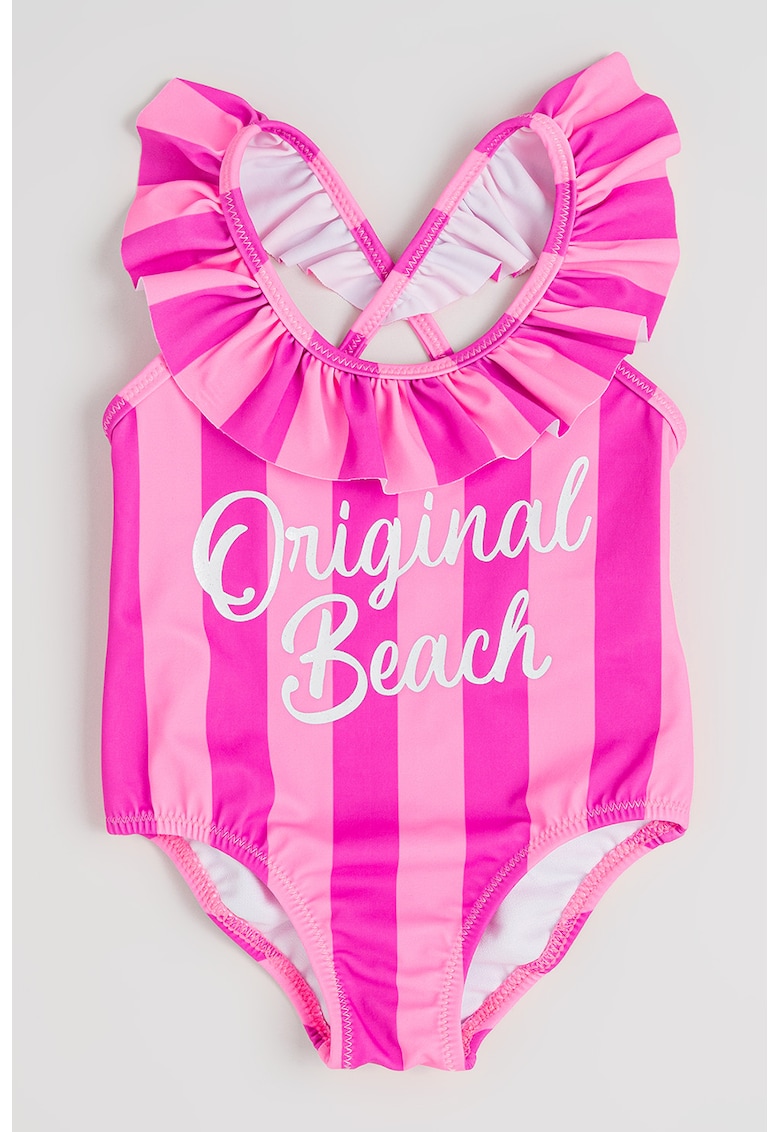 Costum de baie intreg cu dungi si text - Roz inchis/Roz