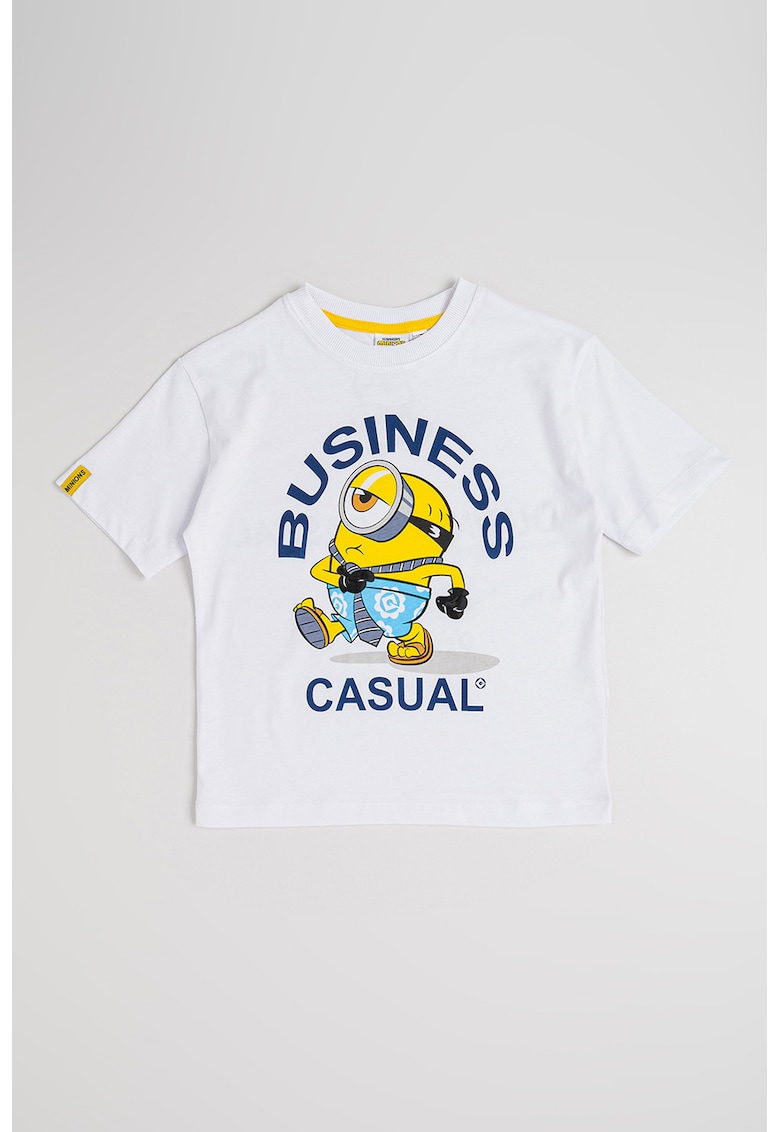 Tricou din bumbac cu imprimeu cu Minioni si text - Alb/Galben neon/Bleumarin