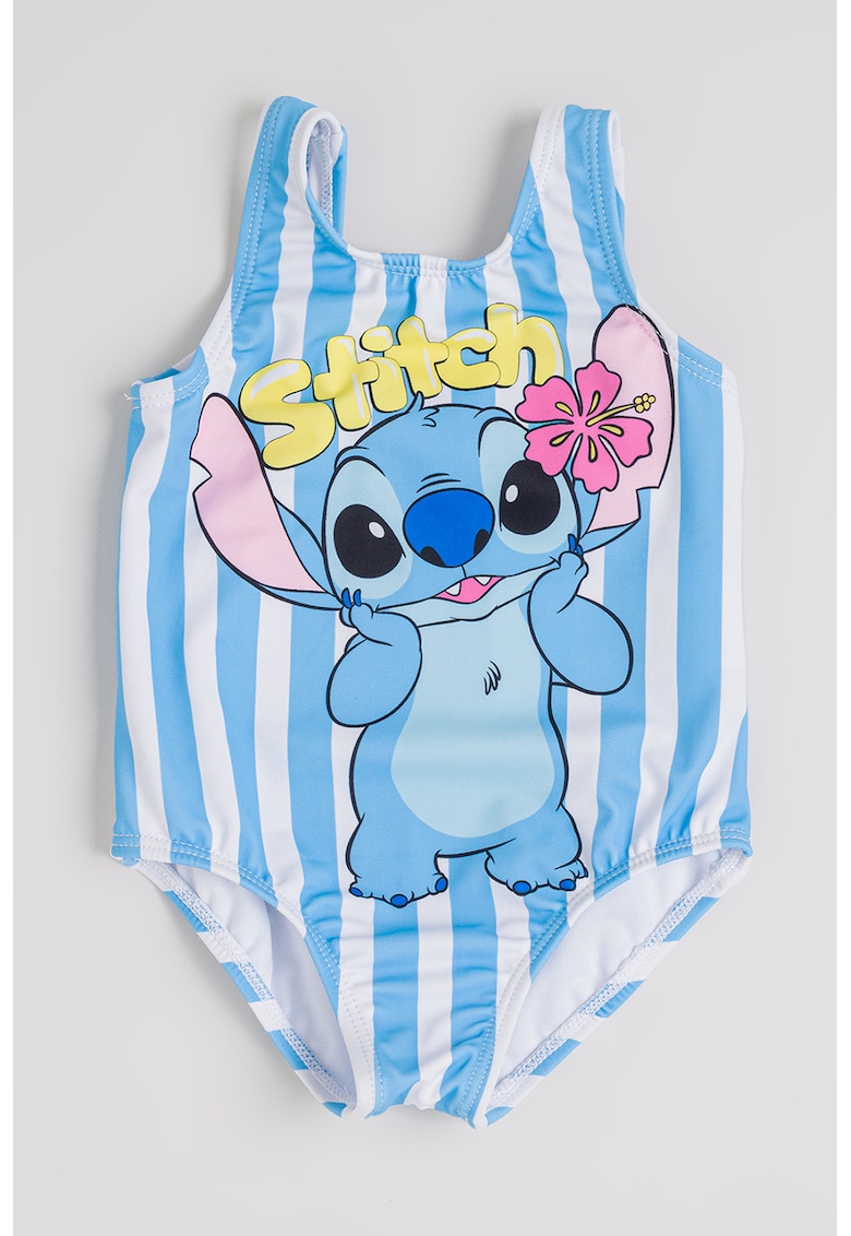 Costum de baie intreg cu imprimeu cu Stitch si dungi - Alb/Albastru pastel